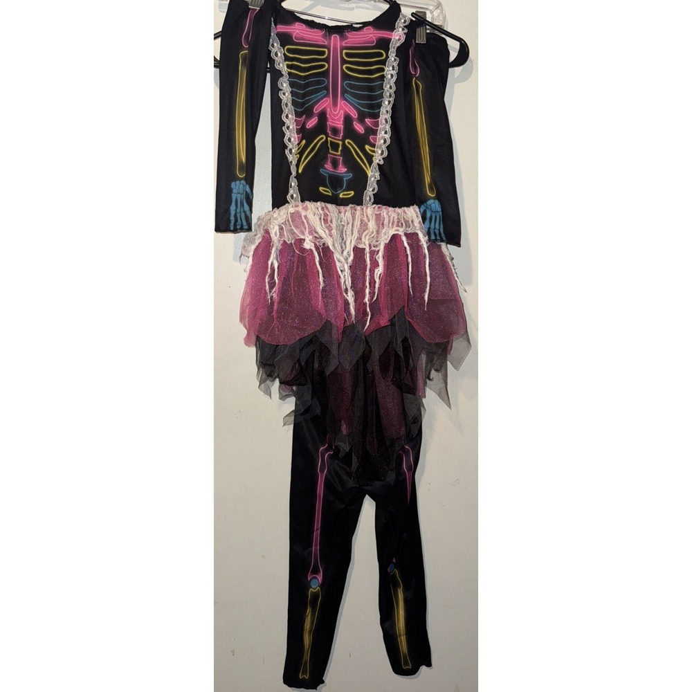 Seasons Ghostly Skeleton 3 Pc Costume Dress Pants Gloves Halloween Girls S 4/6